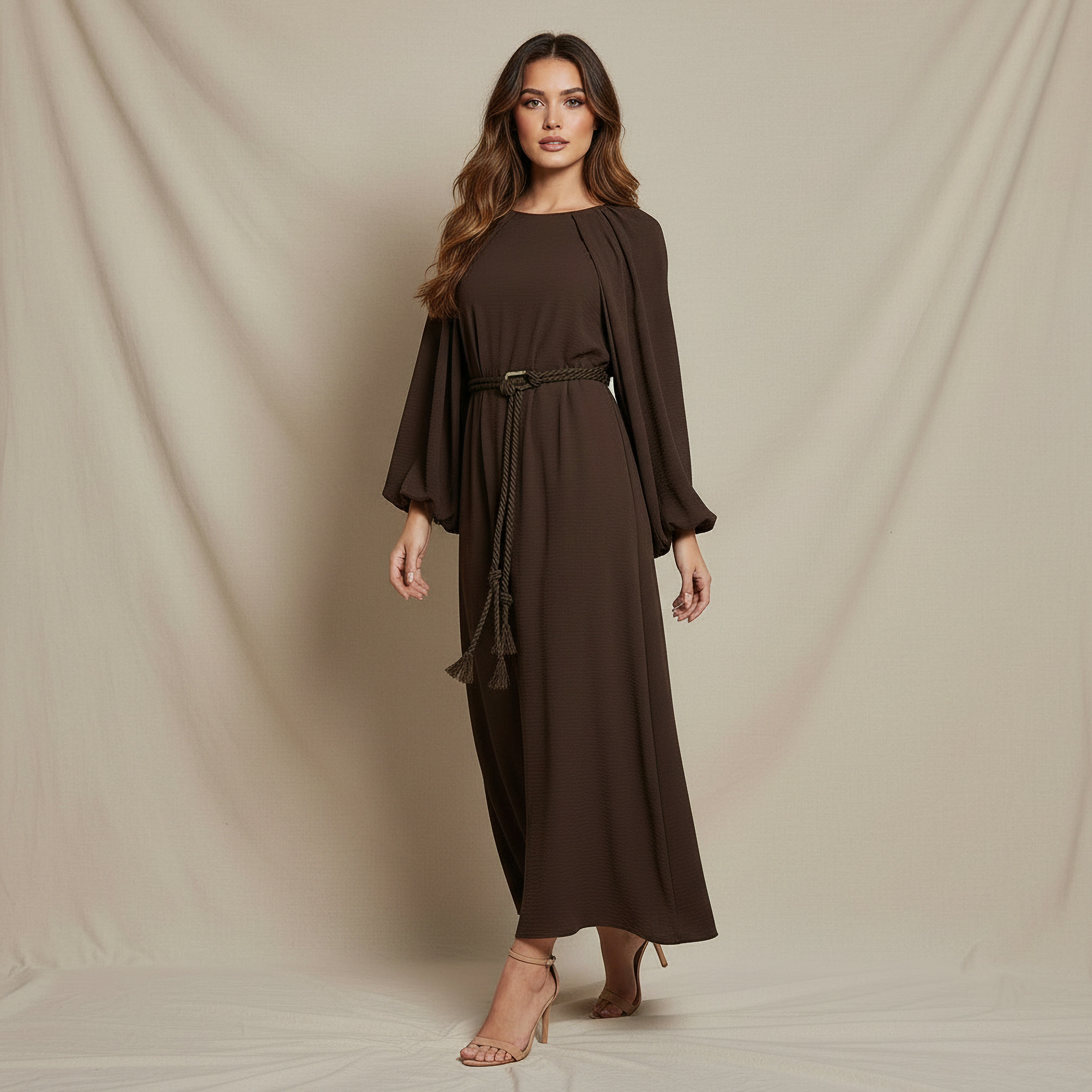 Cape Sleeve A-Line Maxi Dress Brown