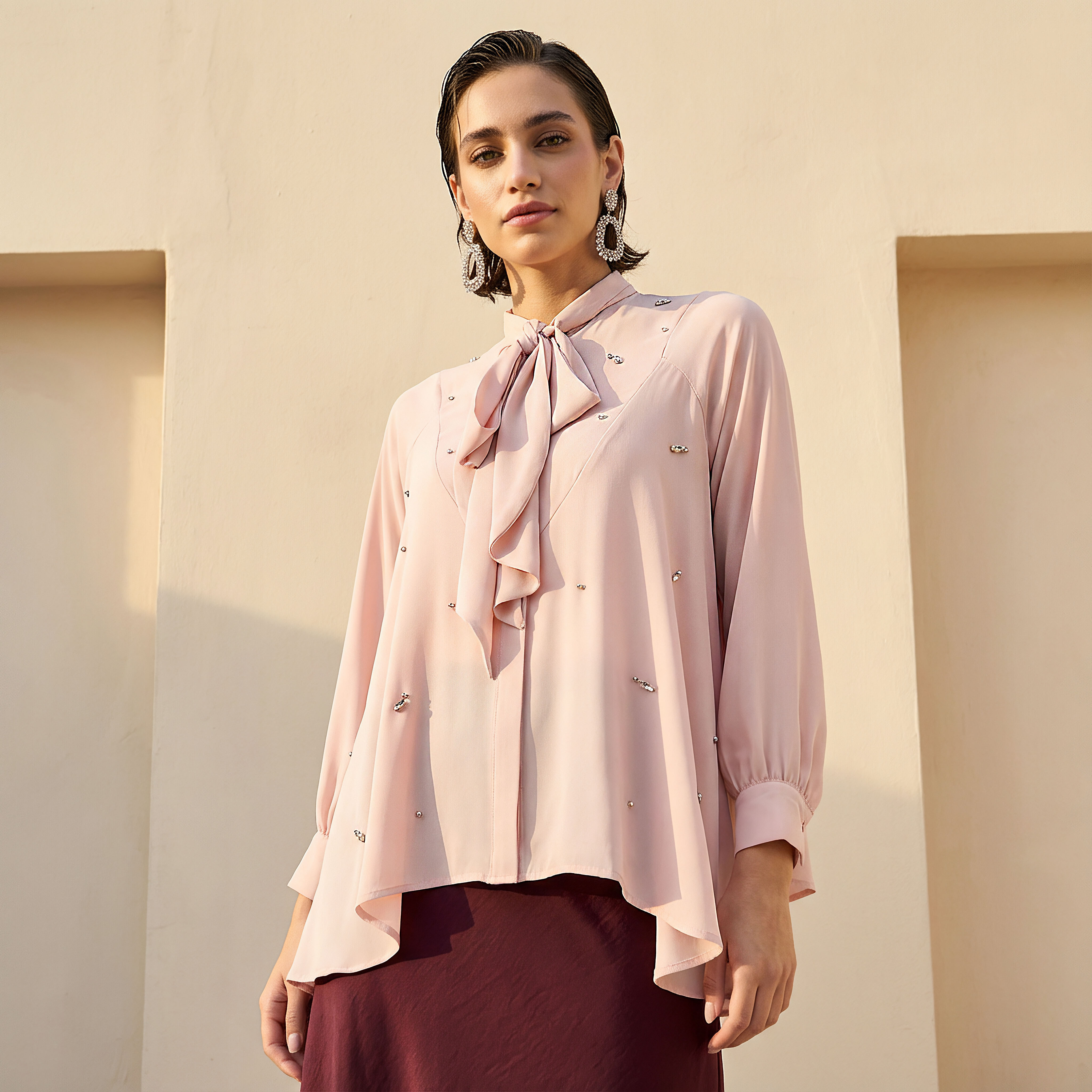 Iconic Embellished Pussy Bow Top Pink