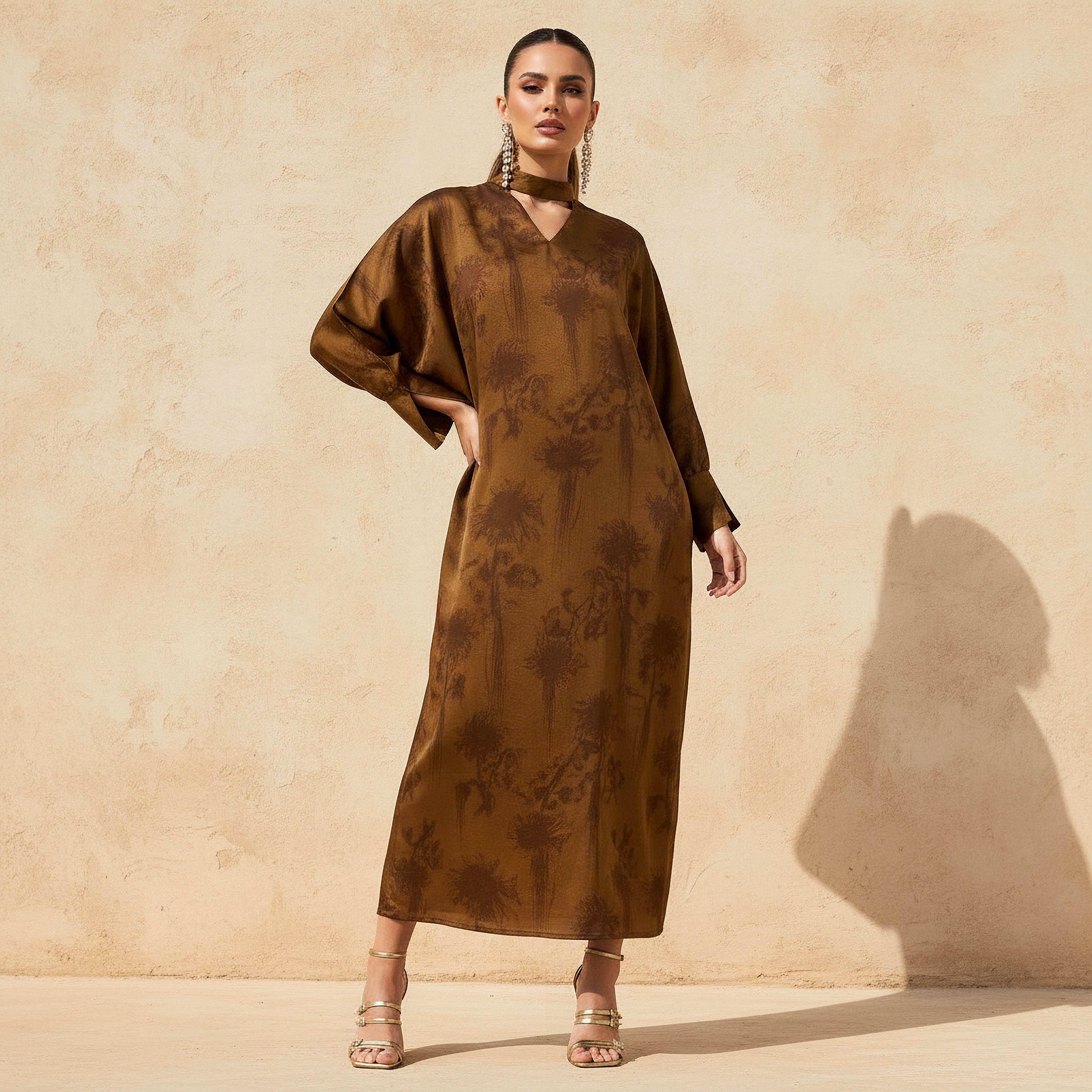 Iconic Printed Keyhole Kaftan Dress Brown
