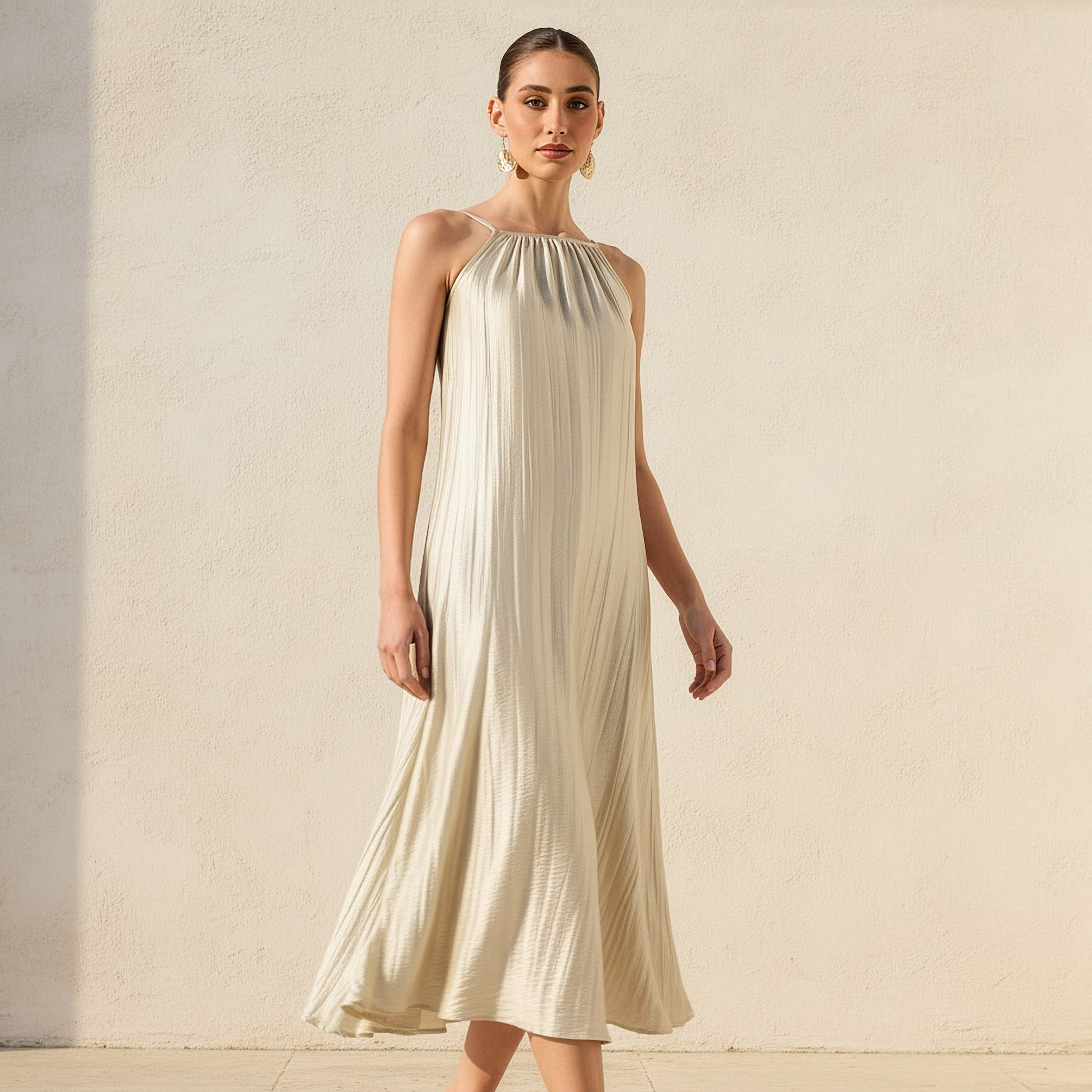 Spaghetti Strap A-Line Midi Dress Cream