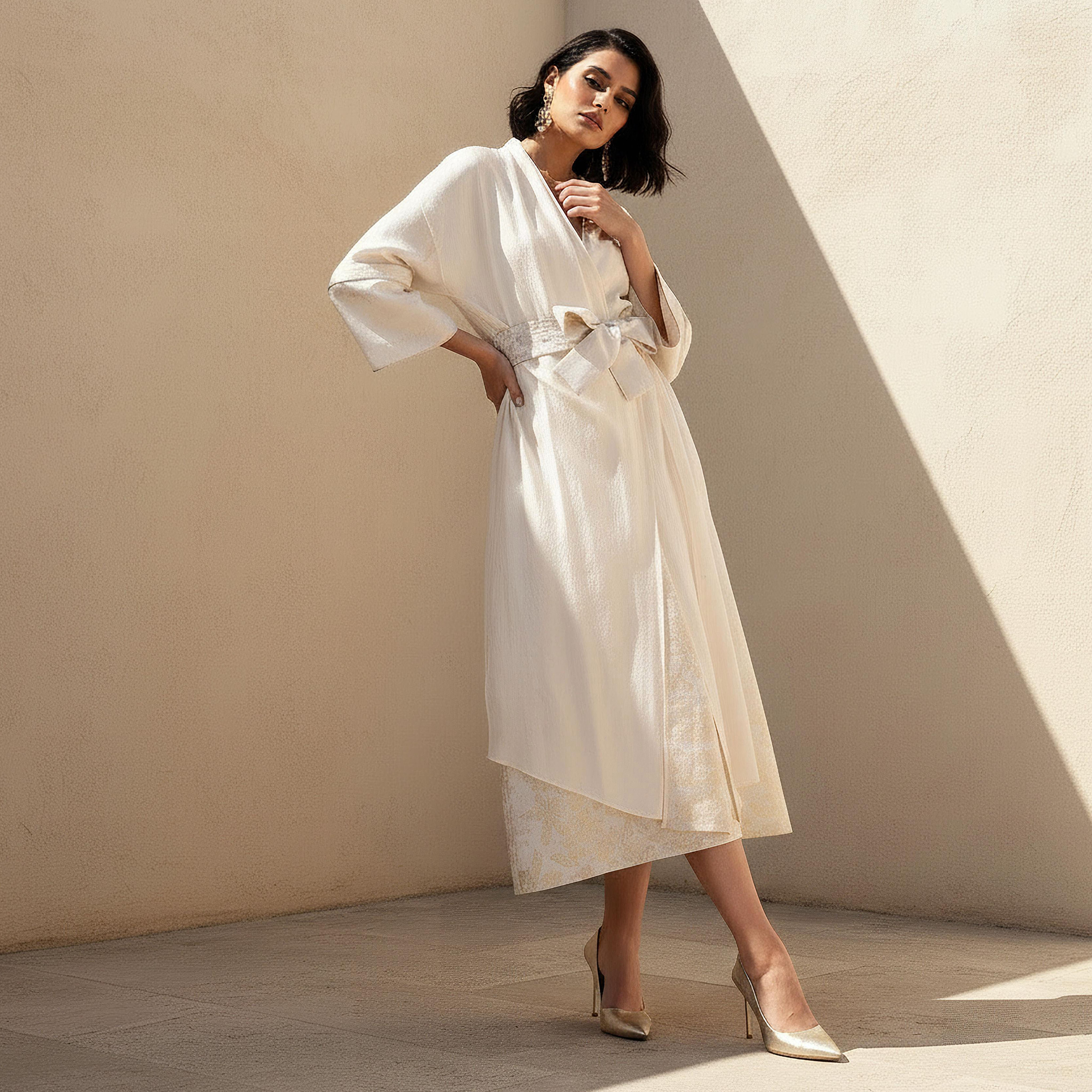 Relaxed Jacquard Tie-Up Shrug Cream