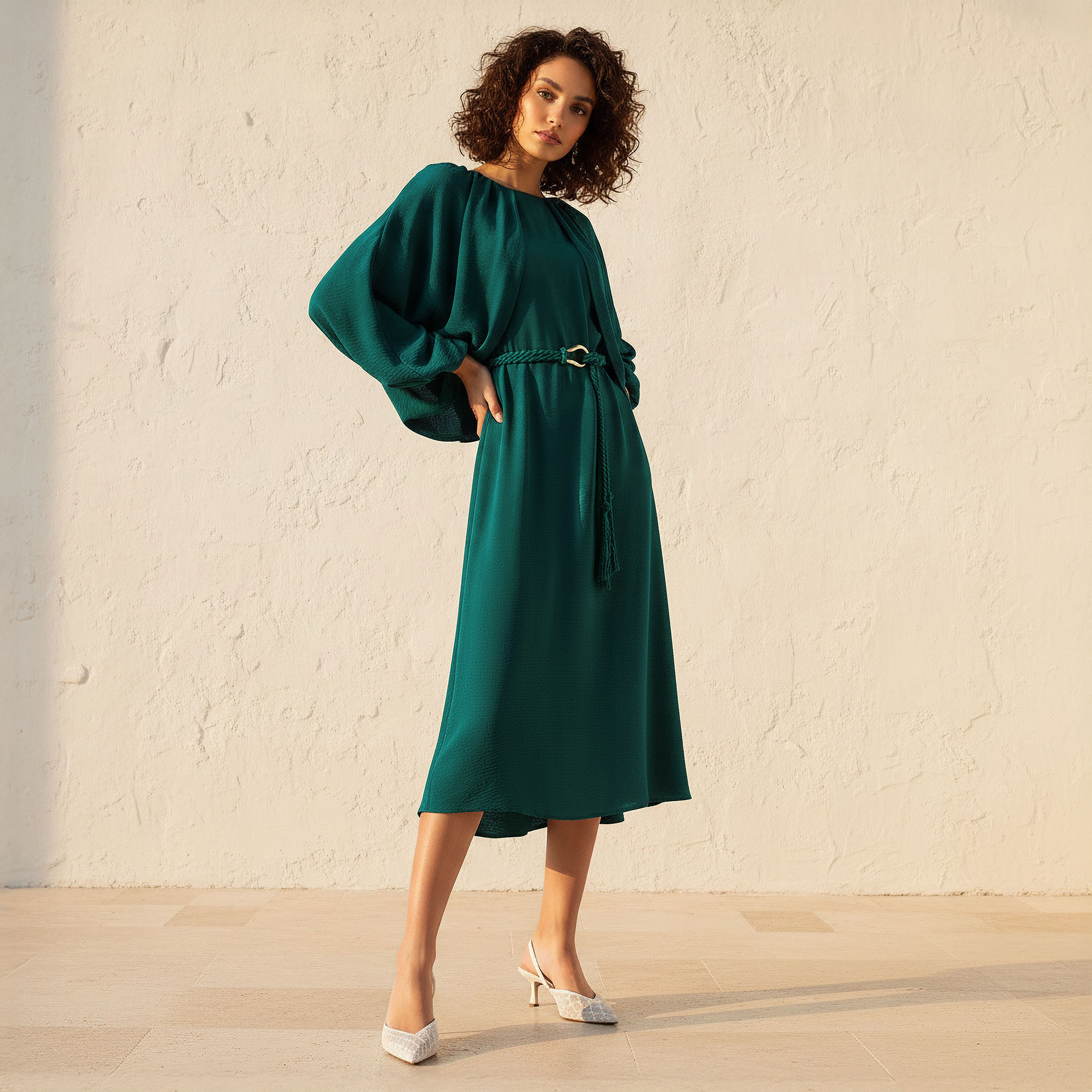 Cape Sleeve A-line Midi Dress Green