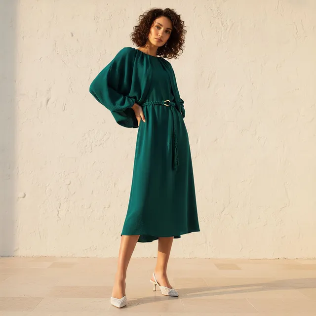 Cape Sleeve A-line Midi Dress Green