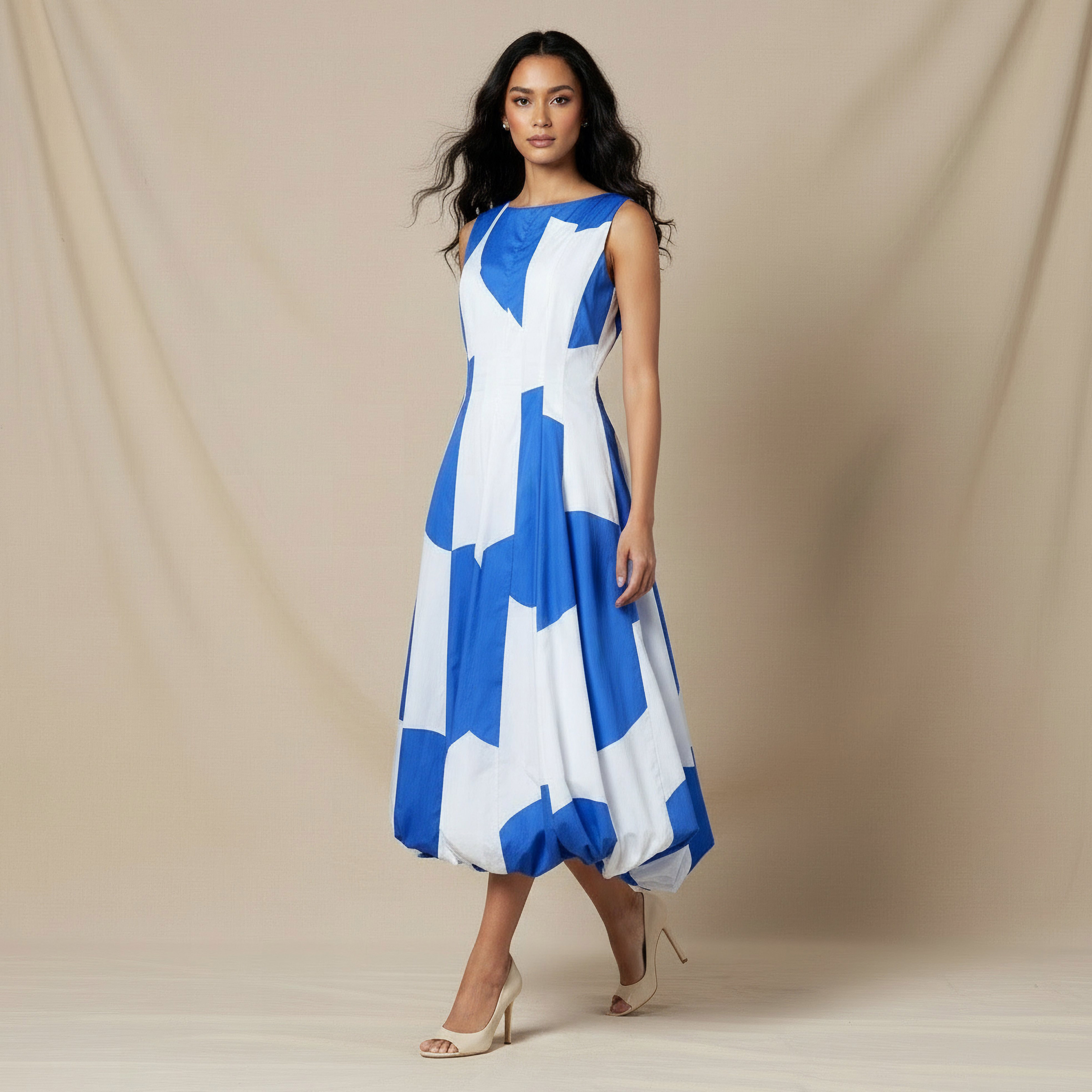Iconic Printed Balloon Hem A-line Dress Blue