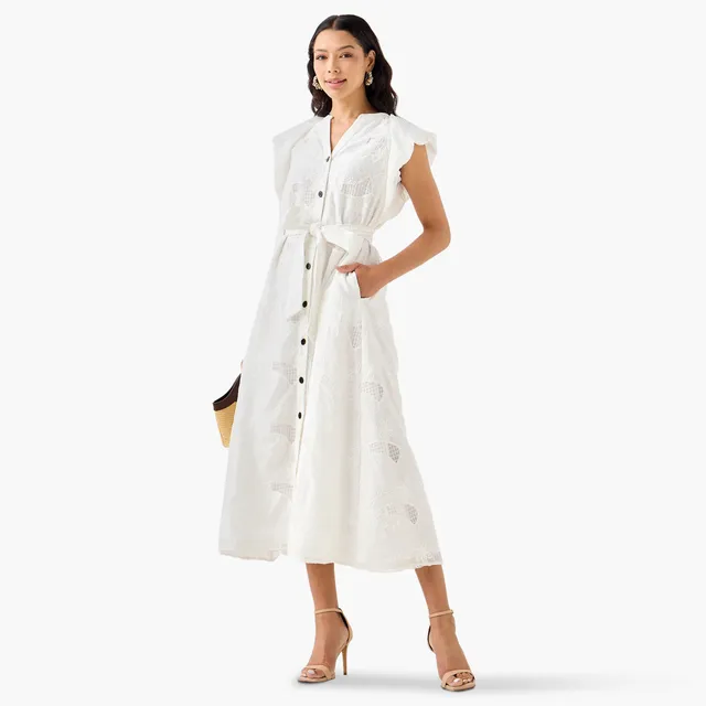 Lyocell Blend A-line Dress with Tie-Up Belt and Schiffli Embroidery – image 3