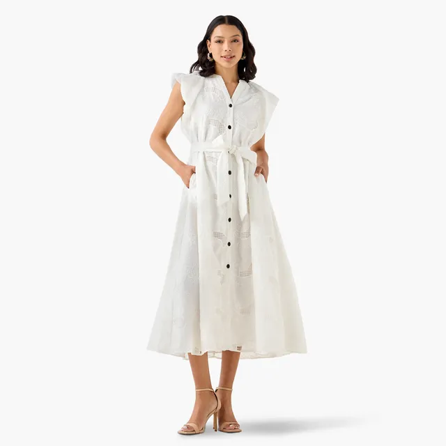 Lyocell Blend A-line Dress with Tie-Up Belt and Schiffli Embroidery – image 4