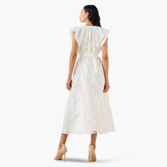 Lyocell Blend A-line Dress with Tie-Up Belt and Schiffli Embroidery – image 5