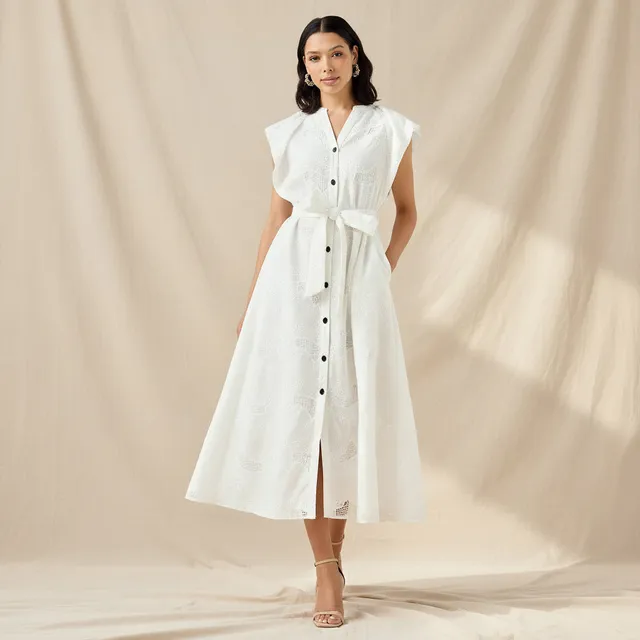 Lyocell Blend A-line Dress with Tie-Up Belt and Schiffli Embroidery