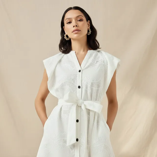 Lyocell Blend A-line Dress with Tie-Up Belt and Schiffli Embroidery – image 2