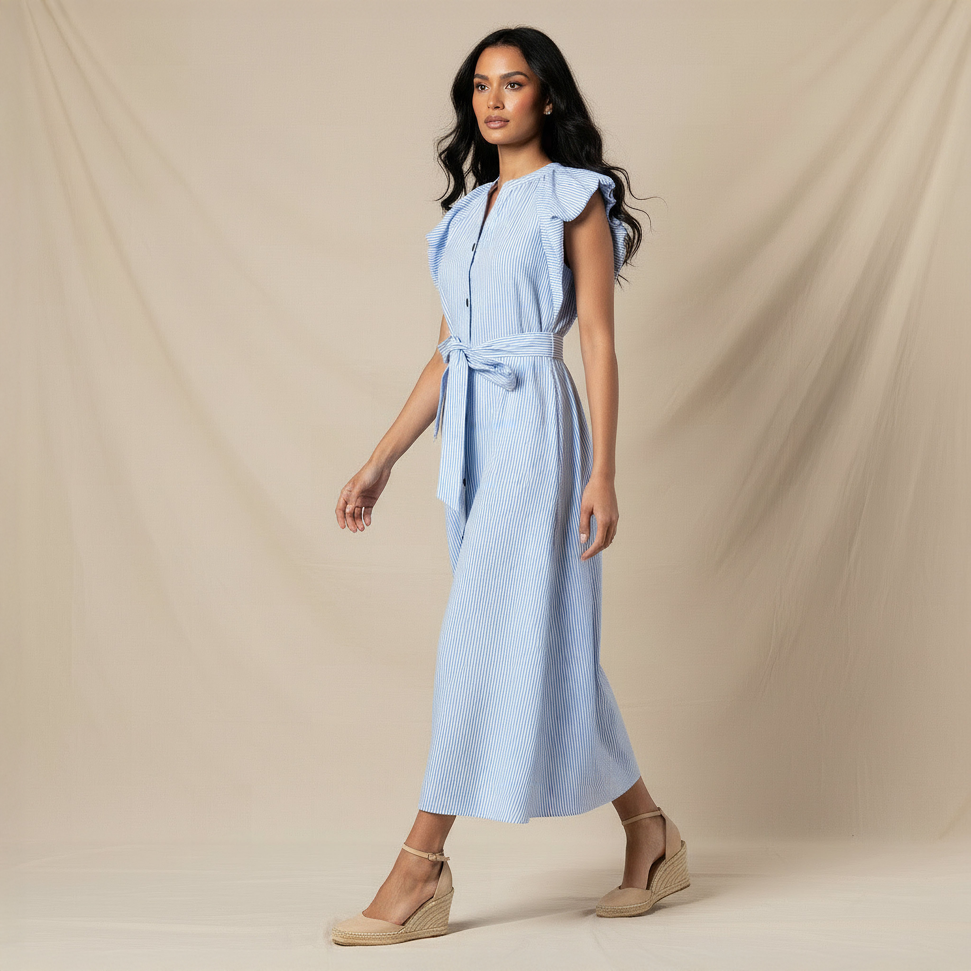 Striped Belted A-Line Dress Blue