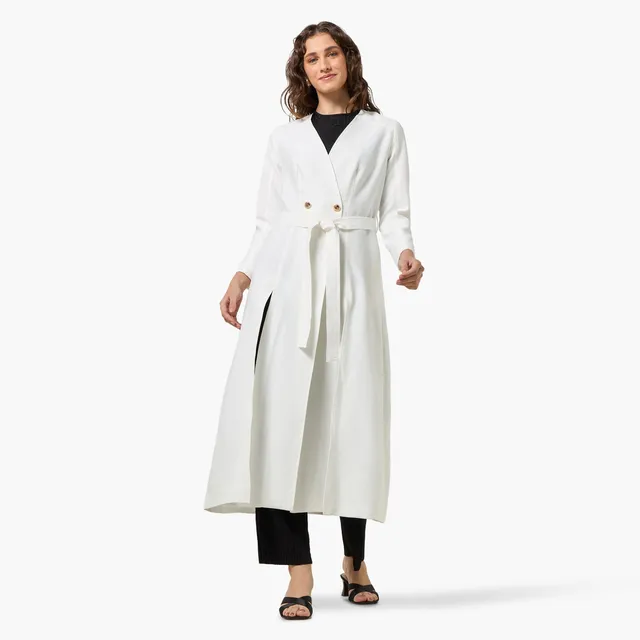 Linen-Blend Longline Duster Jacket with Belt – image 4