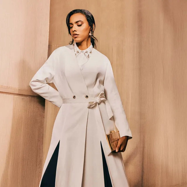 Linen-Blend Longline Duster Jacket with Belt
