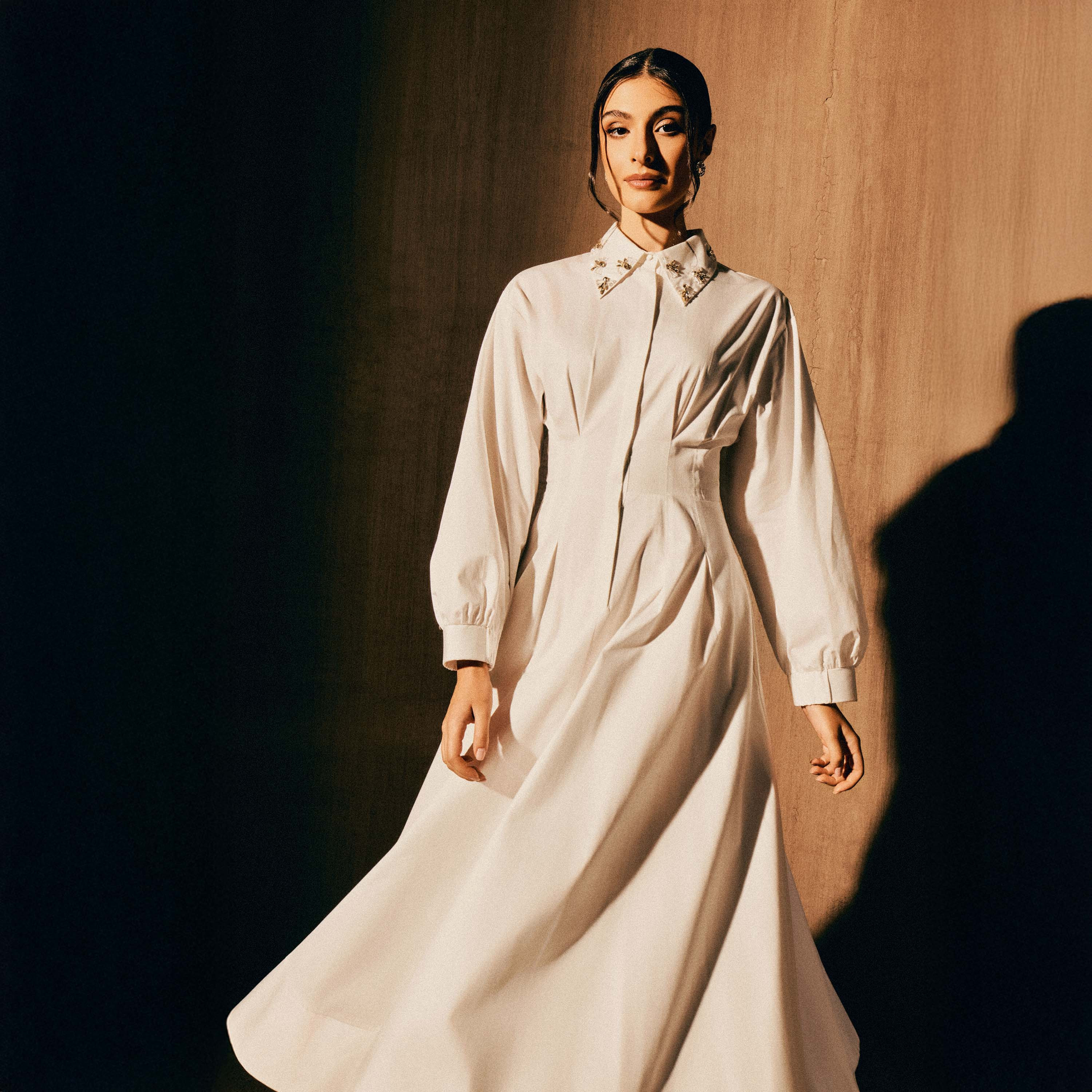 Embellished Collar Pintuck Shirt Dress White