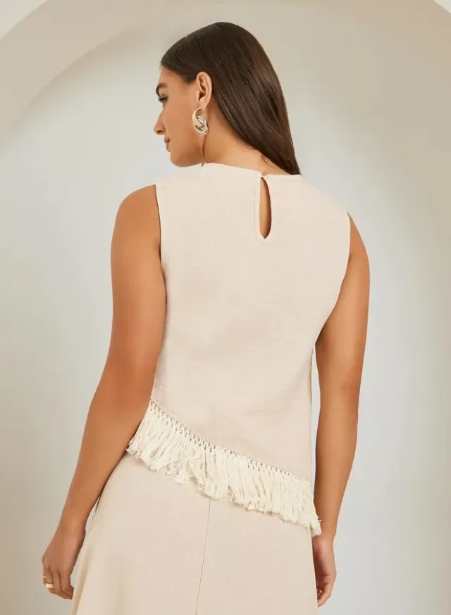 Beige Fitted Sleeveless Top with Asymmetric Fringe Detail – image 4