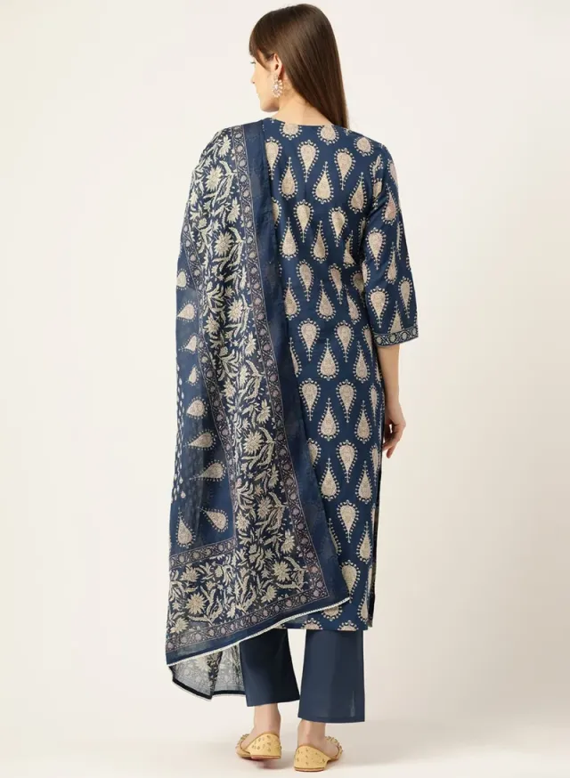 Cotton Kurta Set with Palazzo & Dupatta - Dark Blue – image 6