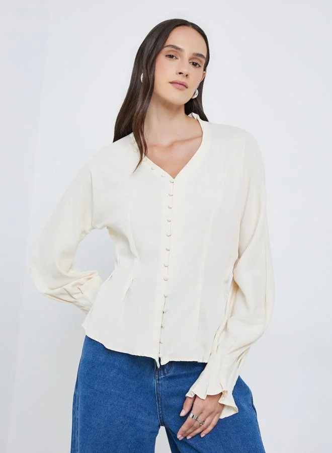 Styli Balloon Sleeve Peplum Blouse Cream