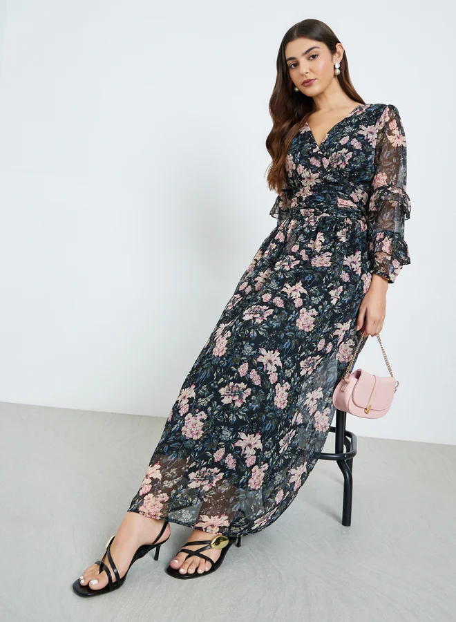 Women's Long Sleeve Floral Maxi Dress Dark Slate Gray
