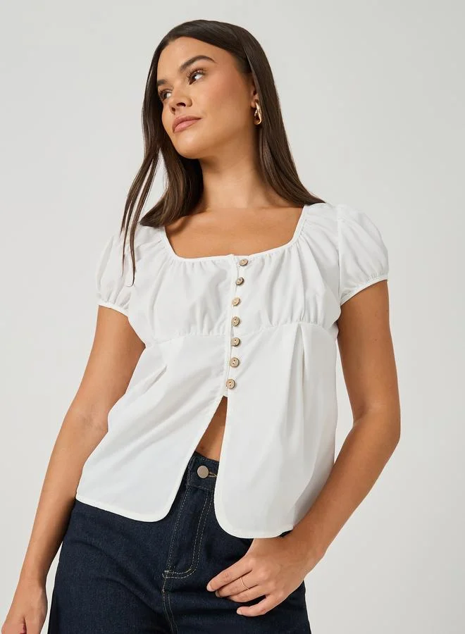 Gathered Puff Sleeve Buttoned Top White