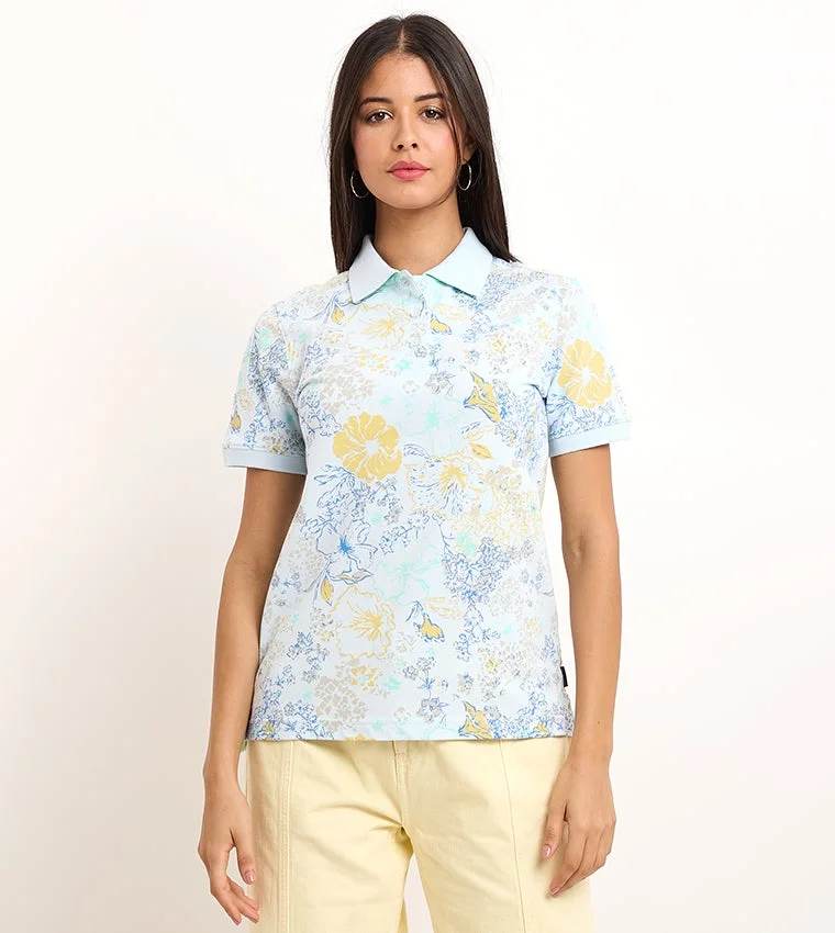 Floral Print Polo Shirt Light Cyan