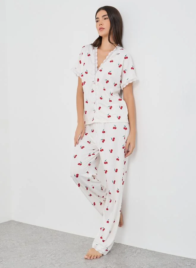 Take Two Cherry Print V-Neck Pajama Set White