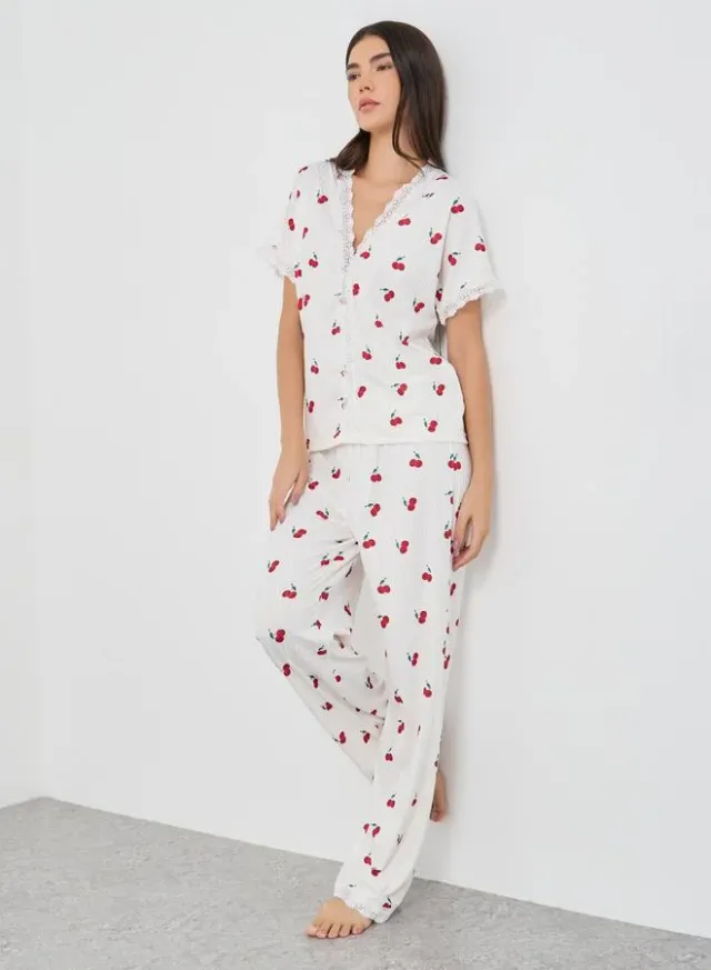 Take Two Cherry Print V-Neck Pajama Set White