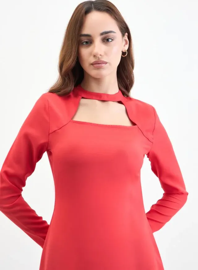 Pleated Long-Sleeve Knee-Length Dress Red – image 4