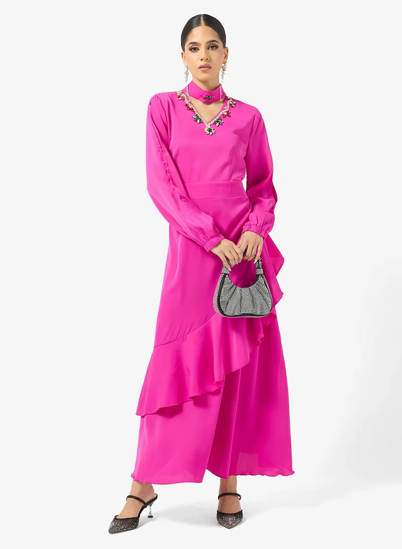 Embellished Asymmetrical Ruffle A-Line Dress