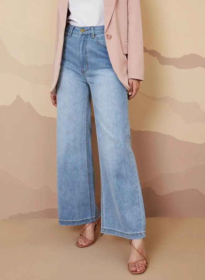 Acid Wash High Rise Flared Jeans Light Gray