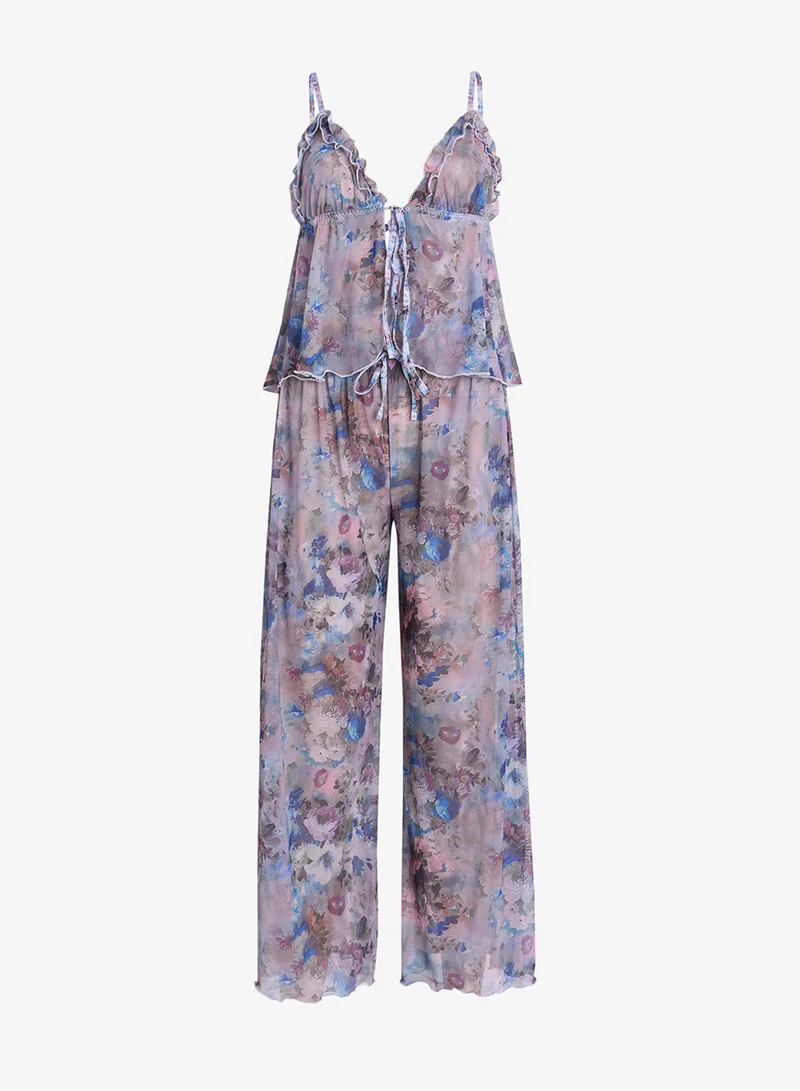 Sheer Floral Cami & Pant Set Light Gray