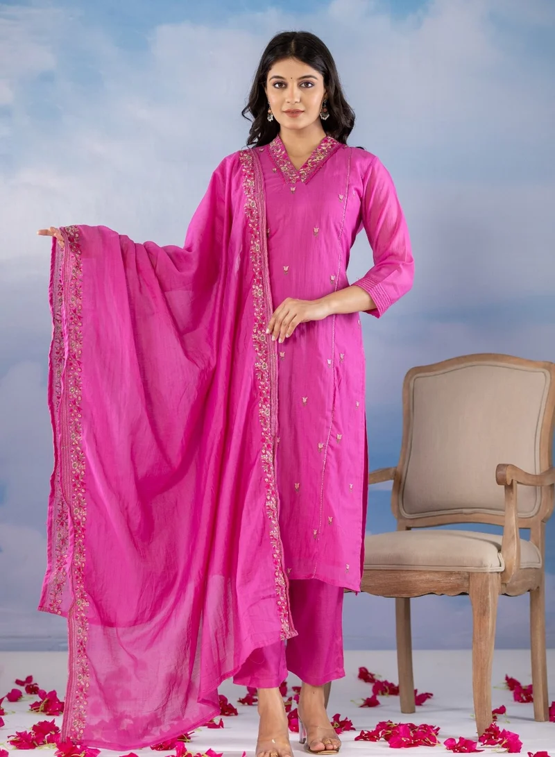Women's Cotton Kurta Pant Dupatta Set Pink