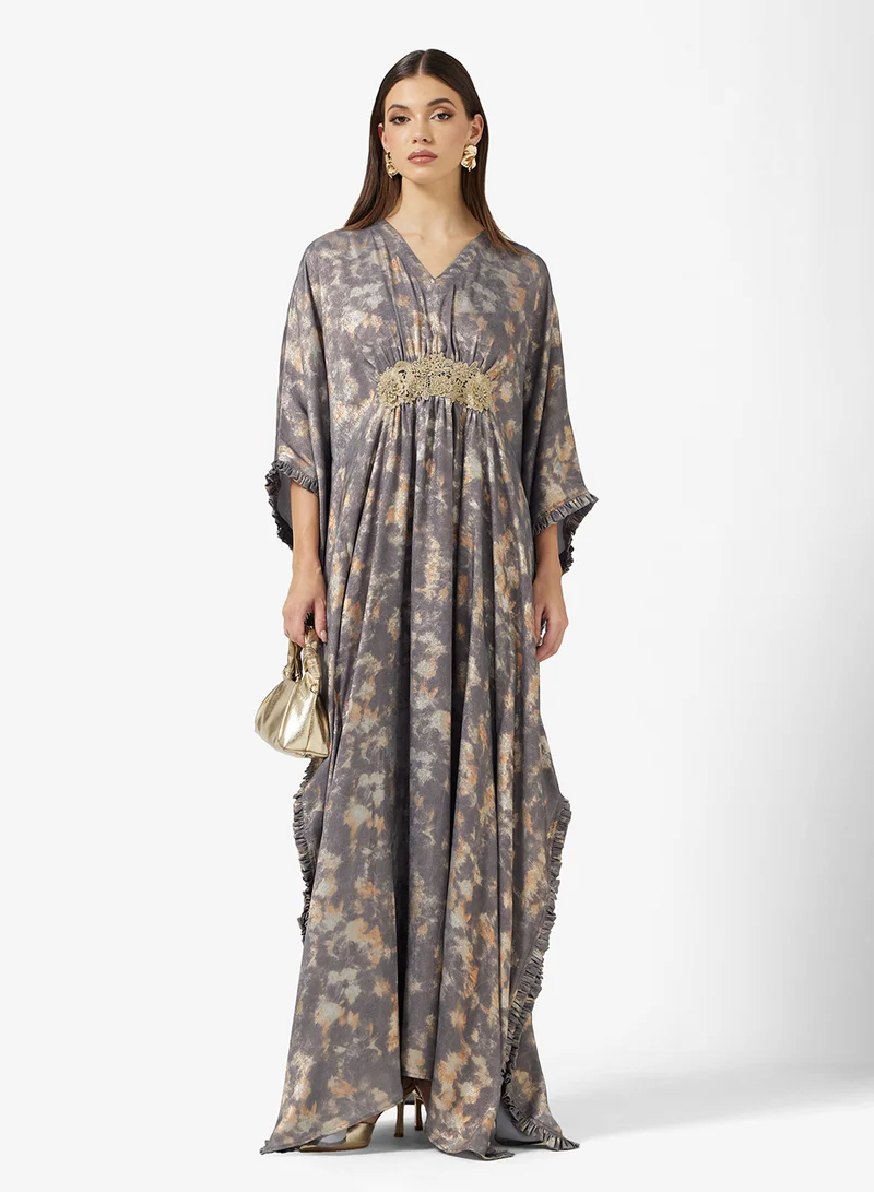 Embroidered Lace Front Kaftan Grey