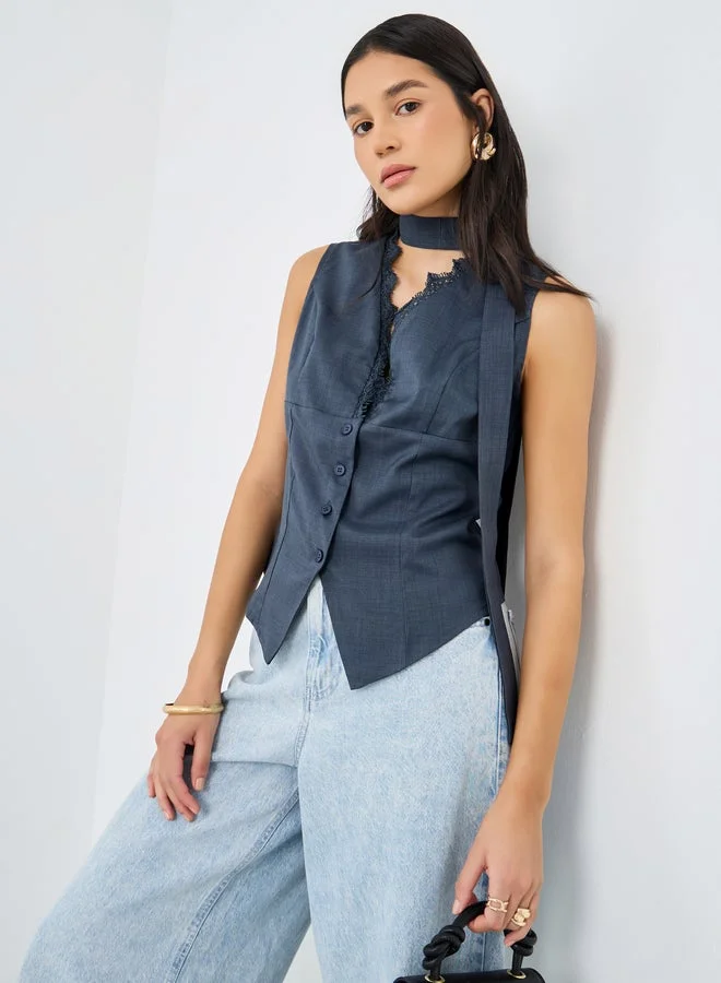 Lace Detail Buttoned Waistcoat Grey