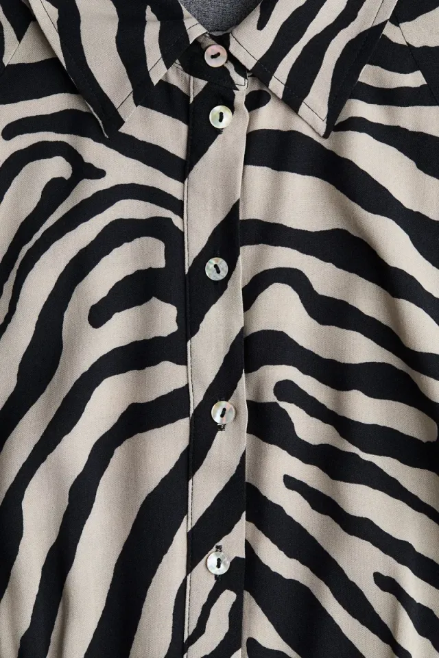 Black and Beige Printed Viscose Midi Shirt Dress – image 6