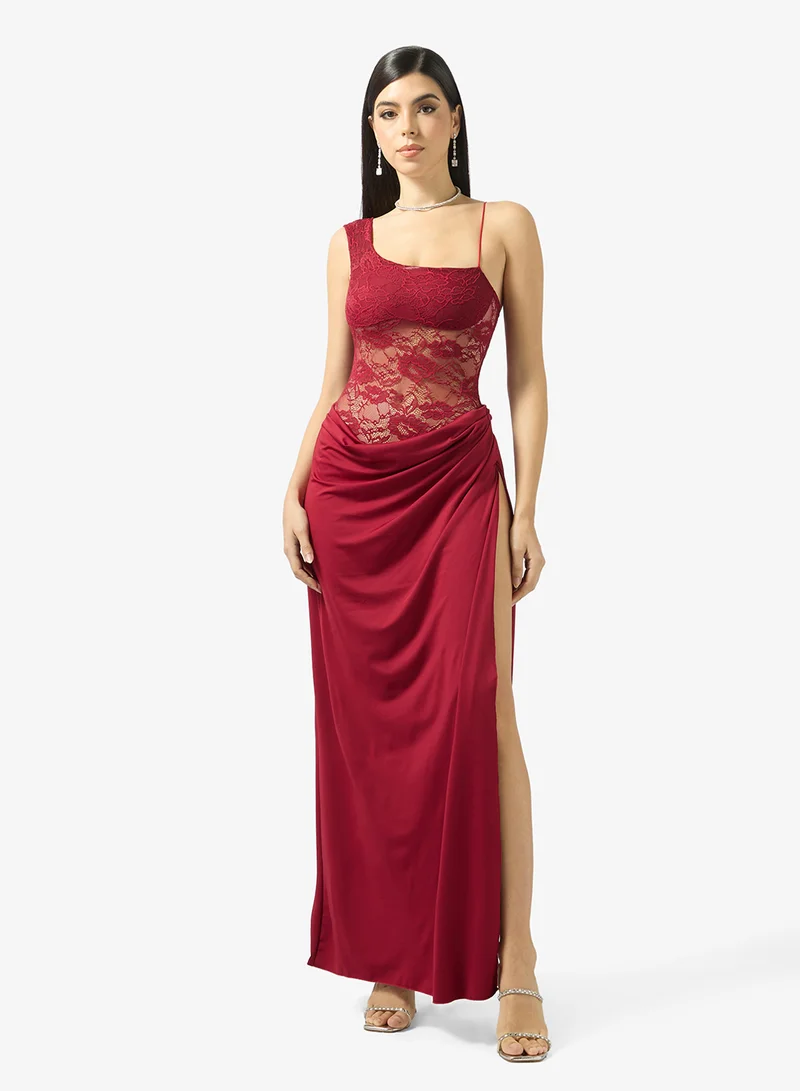 One Shoulder Lace Insert Dress Burgundy
