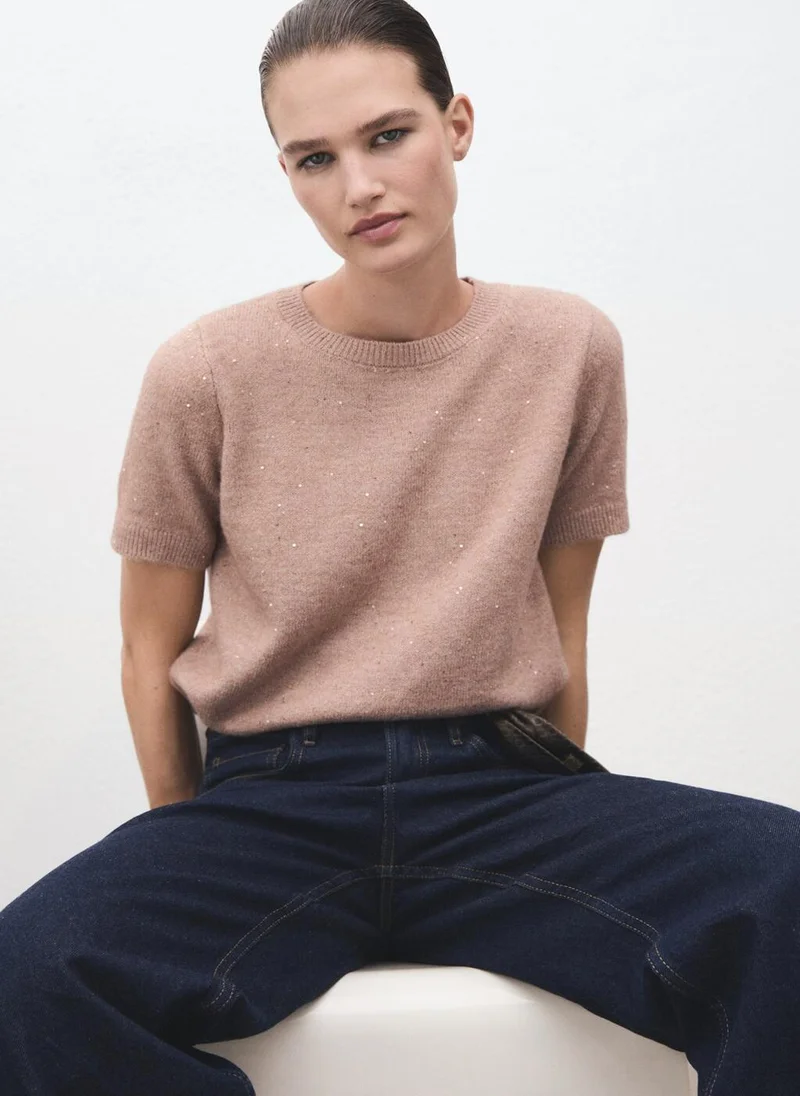 Short-Sleeved Lurex Sweater Light Beige