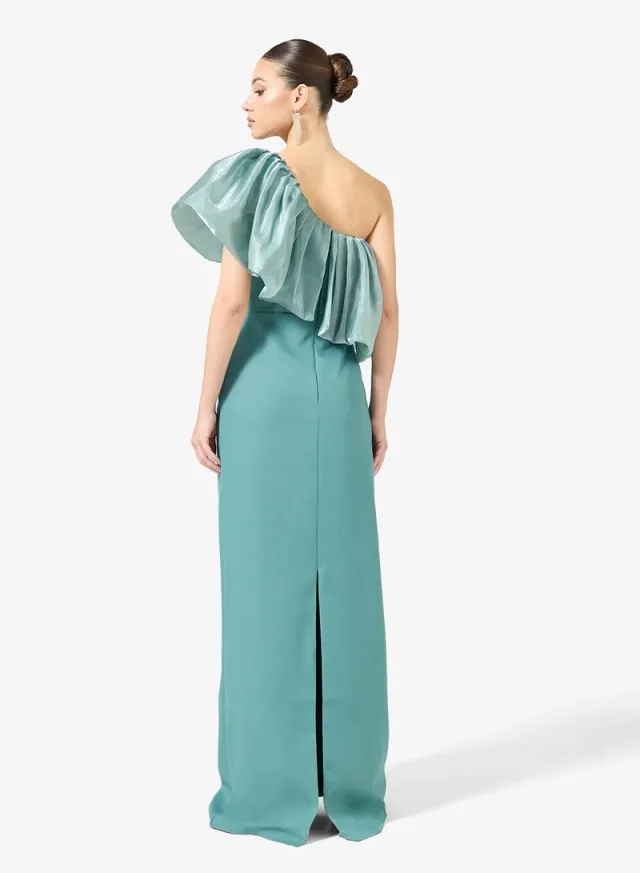Teal One-Shoulder Ruffle Maxi Evening Gown – image 2