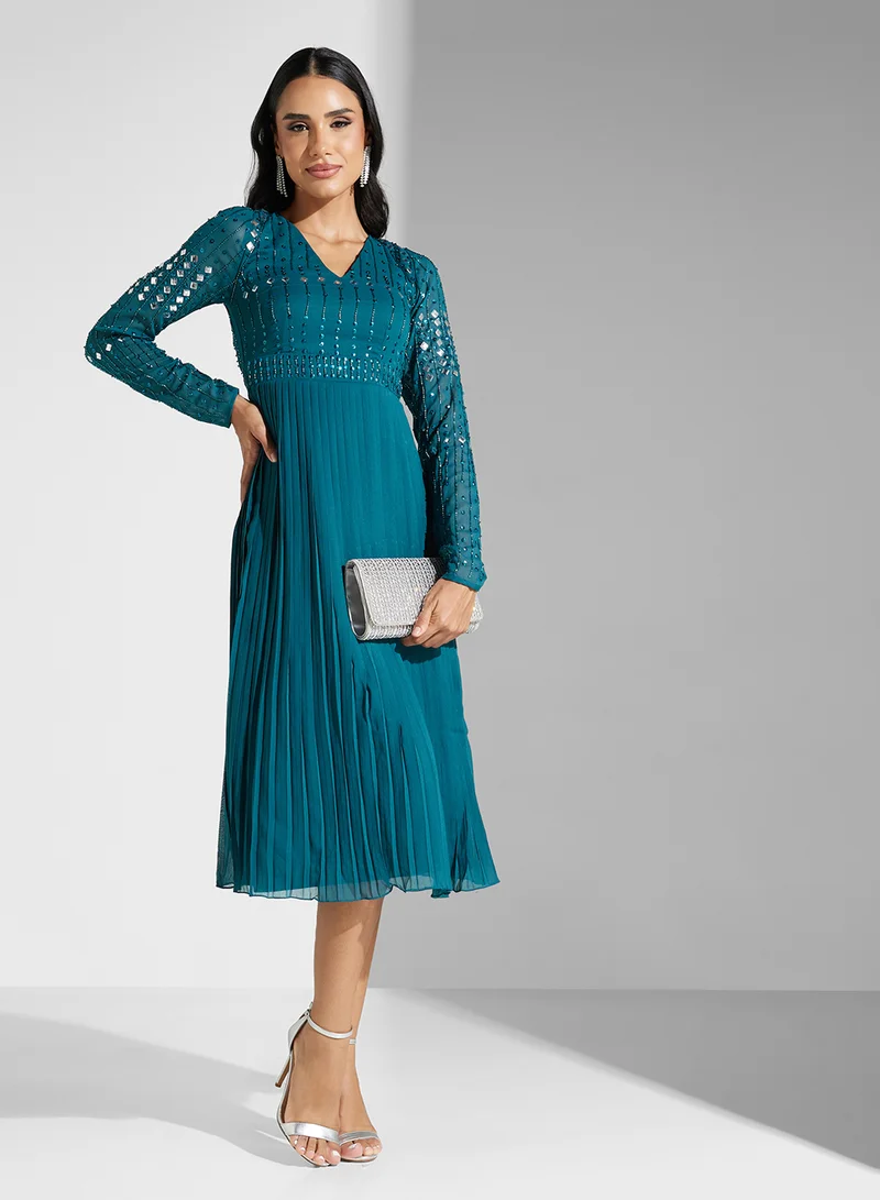 Embellished Pleated Dress