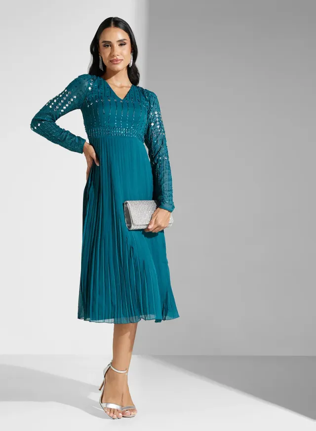 Embellished Pleated Dress