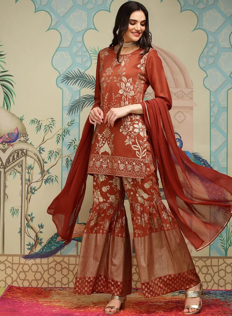 Women's Chiffon Self Design Palazzo Kurta Set Rust