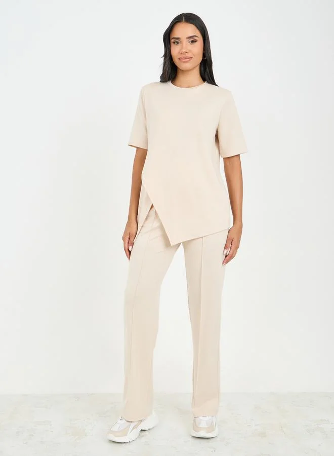 Asymmetrical T-Shirt and Pintuck Pant Co-ord Pale Beige