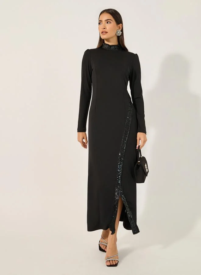 Embellished High Neck Slit Maxi Dress Black