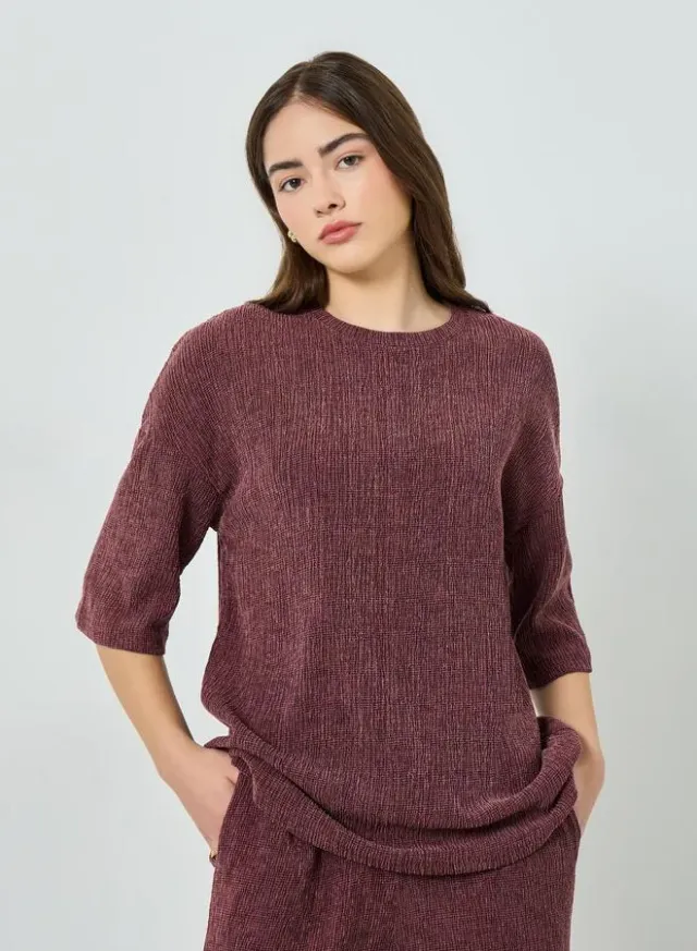 Oversized Textured Knit Top Burgundy – image 4