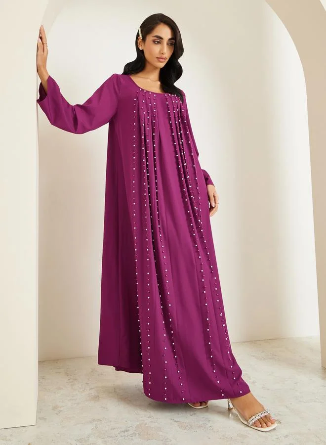 Pearl Embellished Women's Jalabiya Dark Magenta