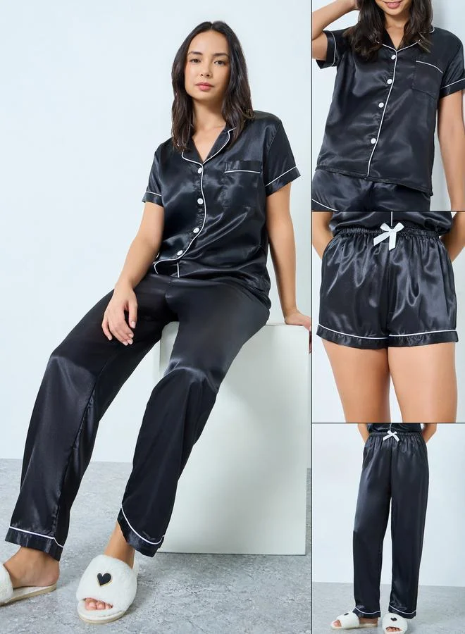 3-Piece Contrast Piping Pajama Set Black