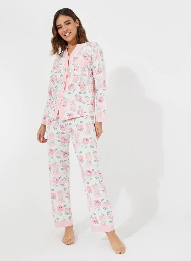 Floral Print Shirt and Pyjama Set White
