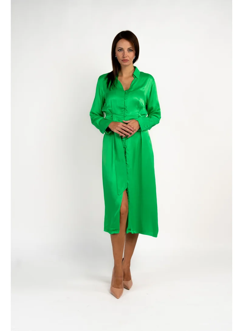 Silk Long Sleeve Shirt Dress Green