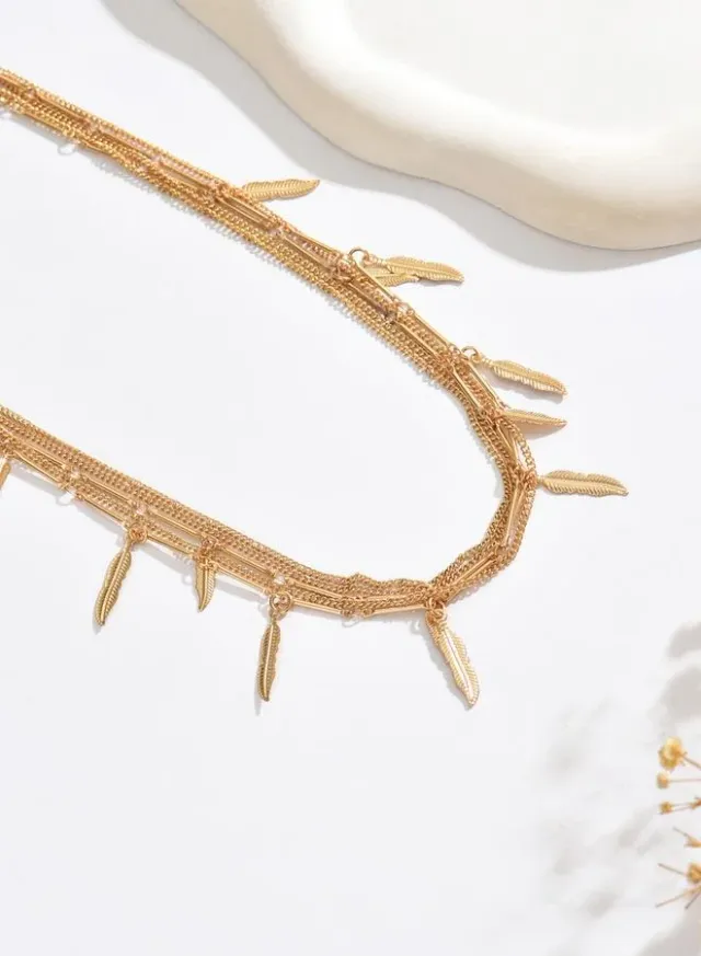 Gold Multi-Layer Leaf Pendant Necklace – image 4