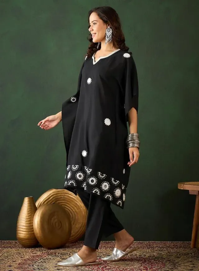 Black Viscose Silk Embellished Tunic Top & Palazzo Set – image 3