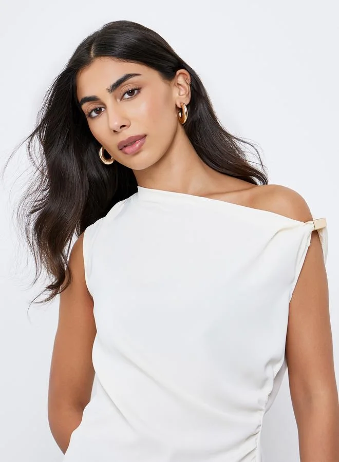 Styli Asymmetric Neck Knit Top Cream