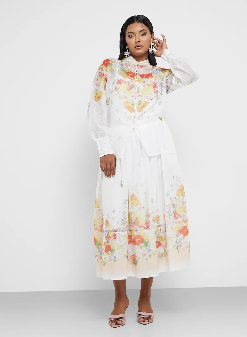 Plus Size Floral Print Top & Skirt Set White